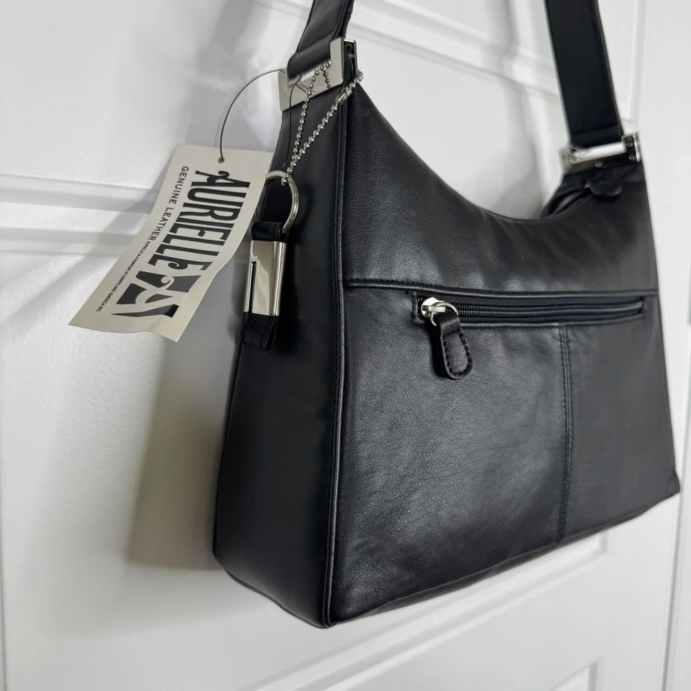 AURIELLE Leather Hobo Shoulder Bag Purse NEW Black With Coin Card Wallet - Picture 2 of 10